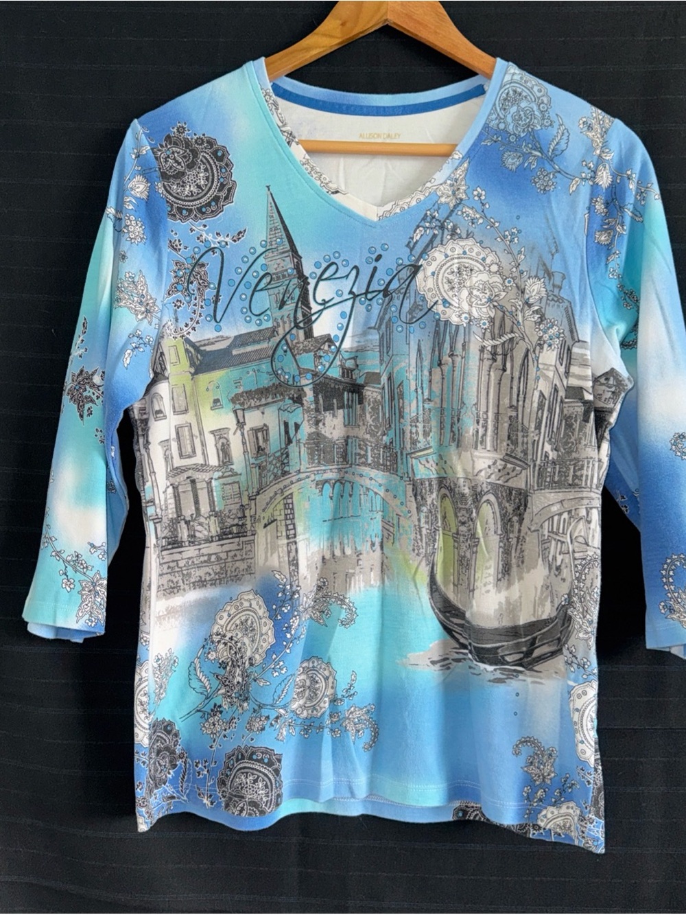Allison Daley Venezia Blue Venice 3/4 Sleeve Shirt M Embellished Italian Scenic